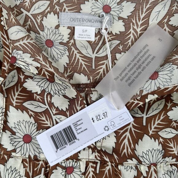 Outerknown Floral Blouse Top Women’s S‎ Brown Bell Short Sleeve V Neck Organic - Picture 13 of 16
